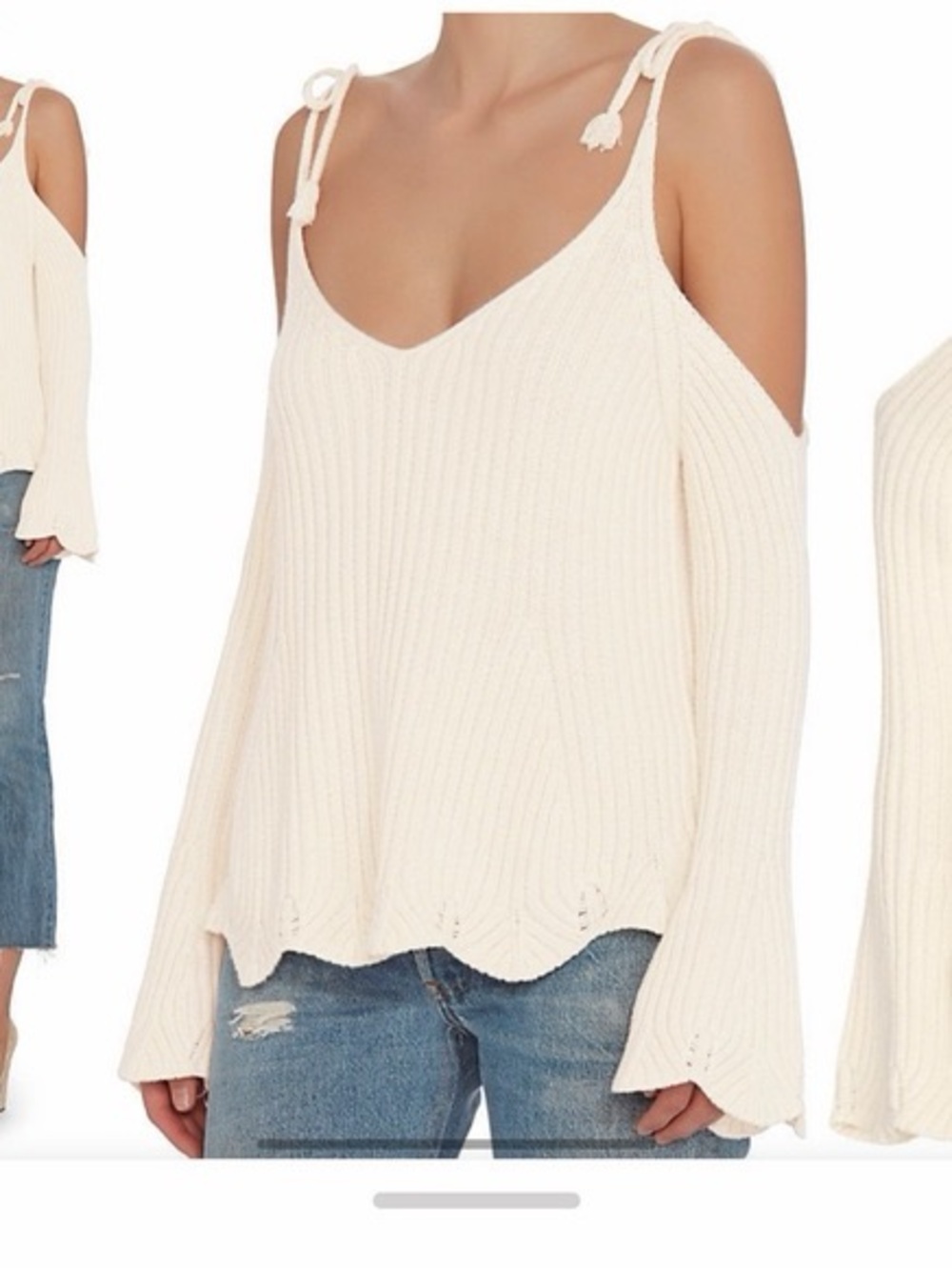 INTERMIX Cream Off-Shoulder Ribbed Sweater with Tie Straps